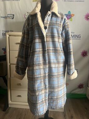 Sweet Rain Blue and Tan Plaid Sherpa-Lined Coat